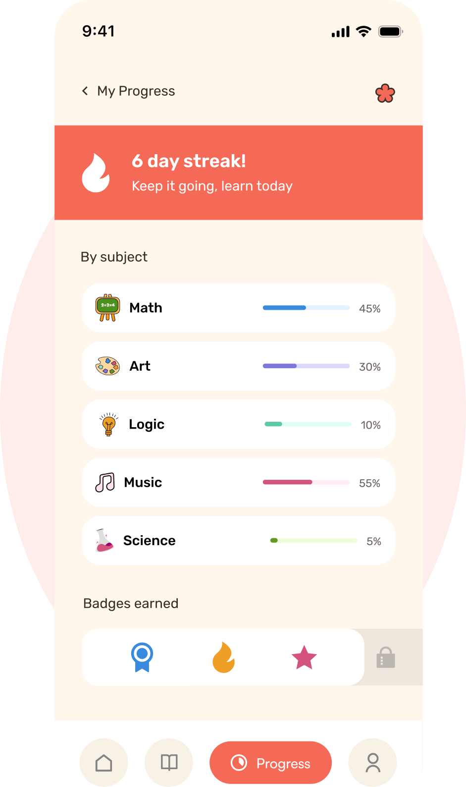 My Progress: a coral 6 day streak banner, progress per subject and badges earned, with a pale coral circle behind