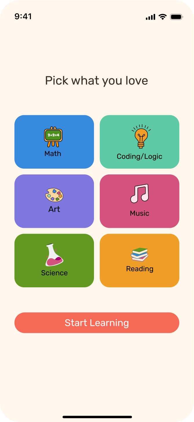 Six colour tiles: Math, Coding/Logic, Art, Music, Science and Reading