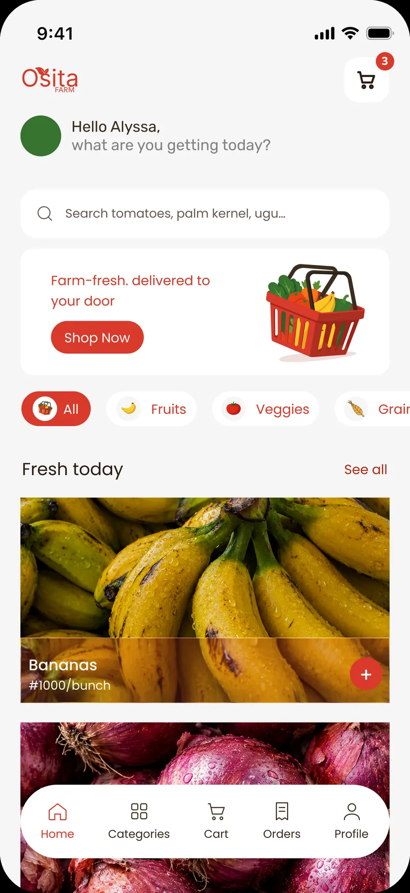 Home: greeting, search, a small promo banner, category chips and large Fresh today photos