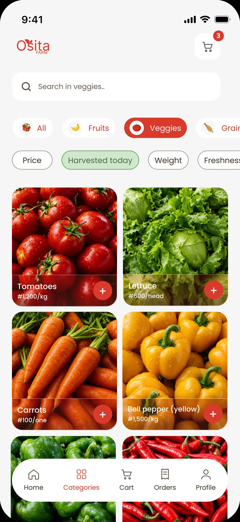 Categories: Veggies selected, a Harvested today filter beside Price and Weight, and a two-column photo grid