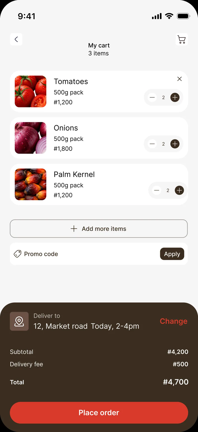 Cart: three items above a dark panel with the address, time slot, totals and the Place order button